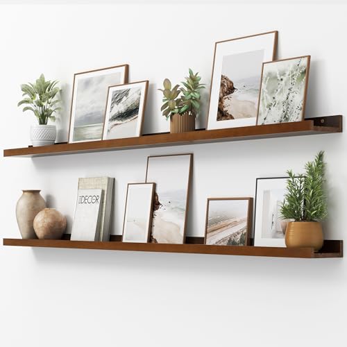 FLYJOE Picture Ledge Shelf, Floating Shelves Set of 2, Solid Pine Wood 72'' Long Large Nursery Book Shelves for Toys Storage, Kids Bookshelf for Living Room Bedroom Decor Books Photo Frames, Walnut - color: Walnut, size: 72'', set of 2