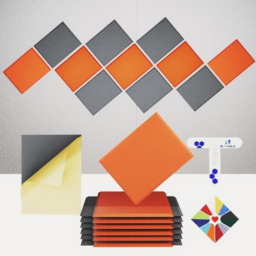 12 Pack Self-Adhesive Acoustic Panels [390 lbs/yd³ Ultra-High Density], 2nd Generation Sound Absorbing Panel, Professional Level Sound Panel, Polyester Soundproof Foam [Rectangle, Orange & MoonGrey] - color: Orange & Moon Grey, size: Rectangle (16''x12''x