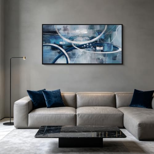 Blue Abstract Wall Art Modern Neutral Fluid Painting with Thin Black Frame | Canvas Minimalist Wall Art Medium Size—Perfect for Living Rooms Bedrooms and Offices Exudes a Sense of Calm Picture - 48x24 - color: Blue and white, size: 24x48 inches