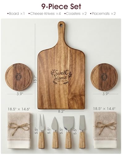 Charcuterie Board Set, 9-Piece Acacia Wood Cheese Board Gift Set with Knives, Serving Tray for Entertaining, Housewarming Gift, Wedding Gift for Couples, New Home Gifts - size: 15.7 inch