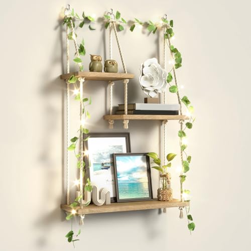 Hanging Shelves for Wall with Vine Lights 3 Tier Boho Wall Shelf Macrame Floating Shelves Rope Rustic Wood Organizer Storage Hanger Rack Decor Aesthetic for Succulents Kitchen Bedroom Bathroom - color: Three Layers