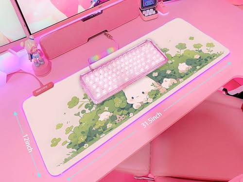 JMIYAV Pink RGB Gaming Mouse Pad 31.5x12 Inch PC XL Large Extended Glowing Led Light Up Desk Pad Non-Slip Rubber Base Computer Cute Mousepad Mat Desk Accessories Gaming Setup Hidden Cat - color: Hidden Cat