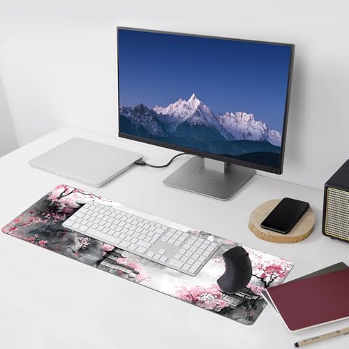 Japanese Cherry Blossom Large Mouse Pad,Gaming Keyboard Desk Pad,Extended Mouse Mat Non-Slip Rubber Base with Stitched Edges for Office Game Home XL 31.5"x11.8" - color: Cherry Blossom, size: 31.5L x 11.8W inches