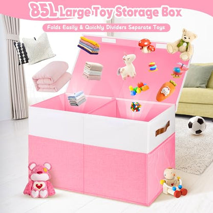 Mabahoo Large Toy Box, Collapsible Sturdy Storage Organize Chest Boxes With Lids, 25"x13"x16" Kids Toy Chest Bin Baskets for Living Room, Bedroom, Nursery, White & Pink - color: White and Pink