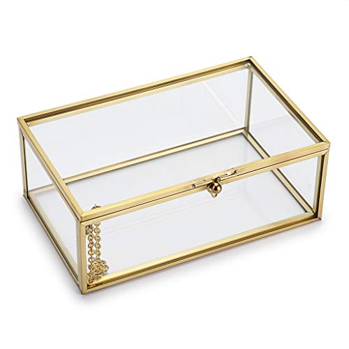 Hipiwe Vintage Glass Keepsake Box, Rectangle Jewelry Display Organize Vanity Lidded Box Home Decor Accent Decorative Box for Storage Trinket Rings Bracelet - color: Gold, size: Small