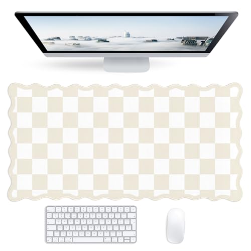 Large Mouse Pad,Cute Desk Mouse Mat with Waterproof and Non-Slip Rubber Base,Aesthetic Decor Gaming Mat for Office,Home,Computer Mouse Keyboard Pad, 31.5" x 15.7", XL Checkered Beige - color: Checkered large Beige