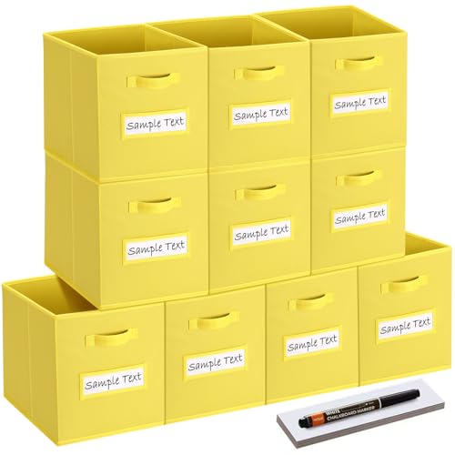 13x13 storage cube bins (Set of 10) Foldable Fabric storage cubes with 10 Labels Window Cards & a Pen,13 inch cube storage bins,Closet Organizers for Shelves,Cubby Organizer Boxes,Dark Yellow - color: Dark Yellow, size: 13"