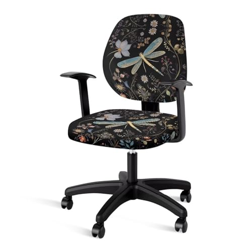Dragonfly Flower Office Chair Covers Stretchable Computer Chair Seat Cover 2 Piece Desk Chair Slipcovers Protector Universal Fit Desk Rotating Chair,Computer Chair Office Decor - color: Dragonfly Flower