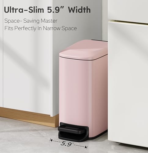TIPGO Slim Bathroom Trash Can with Lid Soft Close, 6 Liter / 1.6 Gallon Stainless Steel Garbage with Removable Inner Bucket, Small Trash Bins for Bedroom, Office (Pink) - color: Pink