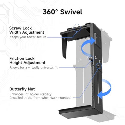Suptek Adjustable Under Desk and Wall PC Mount,3.94 to 11.61 inch Wide Computer Case CPU Hanger Holder 360 Degree Rotatable Under-Desk PC Hanging Stand Holder Mount (ZJJ001XL) - size: MAX 11.61"(W)Desk PC Mount