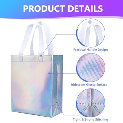 NEOACT 30 Pcs Iridescent Gift Bags Medium Size,Glossy Holographic Reusable Gift Bags with Handles,Ideal Goodie Bag for Birthday,Wedding,Christmas,Party Favor - 7.8x3.9x10 Inch