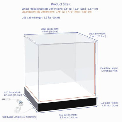 Light Up Acrylic Display Case with RGBW LED Lights, USB Powered with Switch Panel & App Control, Clear Collectible Display Box for Figures, Dolls, Collectables & Trophy, 8x8x12 Inch - size: 8''(L) x 8''(W) x 12''(H)