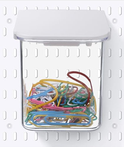 Yulejo 4 Pack Pegboard Accessories with Lid White Clear Peg Board Bins with Hooks Containers Plastic Pegboard Bins for Garage Craft Room Storage Kitchen, 3.9 x 3.2 x 3.2 Inch