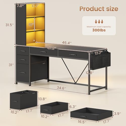 SEDETA Computer Gaming Desk with 5 Drawers and Bookshelf, Reversible Home Office Desk with Storage Shelves and File Drawer, Corner Desk with LED Lights for Small Spaces, Black - color: Black