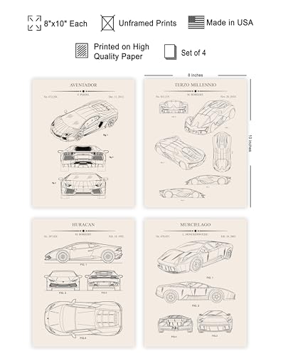 Poster Master 4-Piece Luxury Cars Blueprint Print - Vehicle Patent Poster - Sports Car & Automobile Art - Technical Drawing Wall Design - Great Garage or Man Cave Decor - 8x10 UNFRAMED Wall Art - color: Patent Kids 19, size: 8"L x 10"W