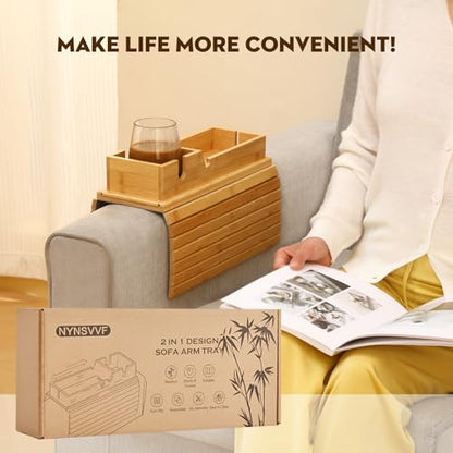 Bamboo Couch Arm Tray with Detachable Cup Holder, 2 in 1 Foldable Anti-Falling Design for Cups, Snacks, Remote, Cellphone
