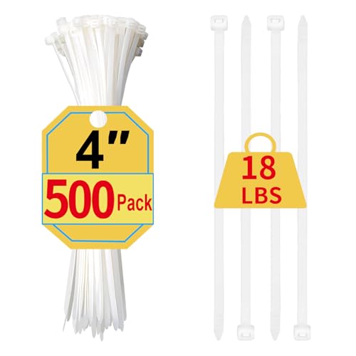Small Zip Ties 4 Inch, 500 Pack, Mini White Cable Ties for Electronics, Wires, Nylon/Plastic Clear Zip Ties for Home Improvement, Office & Outdoor Use, 18lb Tensile Strength. - size: 4" (500 Pack)