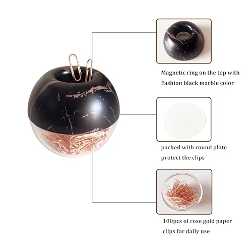Magnetic Paper Clip Holder, Black Marble Holder with Rose Gold PaperClips 100pcs 28mm(1.1") Cute Office Supplies for Desk Organizer - color: Marbleblack