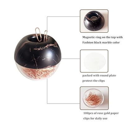 Magnetic Paper Clip Holder, Black Marble Holder with Rose Gold PaperClips 100pcs 28mm(1.1") Cute Office Supplies for Desk Organizer - color: Marbleblack