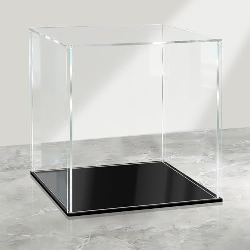 LANSCOERY Acrylic Display Case, 7.9 x 5.9 x 7.9 in Clear Display Box with 2mm Panels, Black Base, LED String Light Accessory for Model Cars and Building Block Models - color: Black, size: 7.9x5.9x7.9inch