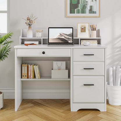 MaverickFurni White Desk with Drawers, Small Computer Desk with Drawers for Writing Study, Office Desk with File Drawer and Monitor Stand for Bedroom, Small Spaces - color: White