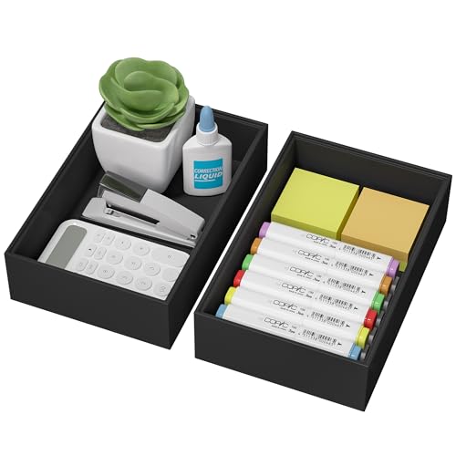 Kitchen Drawer Organizer Bins, Stackable Bamboo Drawer Organizer for Silverware, Flatware, Deep Office Desk Organizer Tray, Desktop Pen, Office Organization Black 9" x 6" x 2.5"(Set of 2) - color: Black, size: 9 x 6 x 2.5 Inch