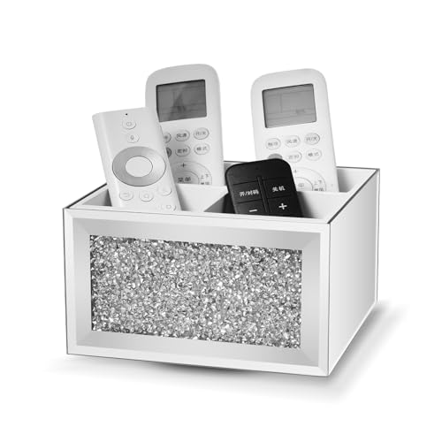 360 Rotating TV Remote Control Holder Caddy Storage for Table, Silver Bling Crushed Diamond Organizer for Pens and Pencils, Make Up Brushes