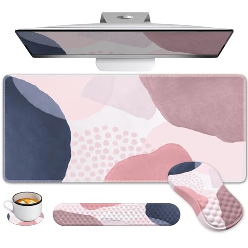 Desk Mat for Keyboard and Mouse, Ergonomic Mouse Pad Set, Pink Boho Navy - color: Boho Pink Navy