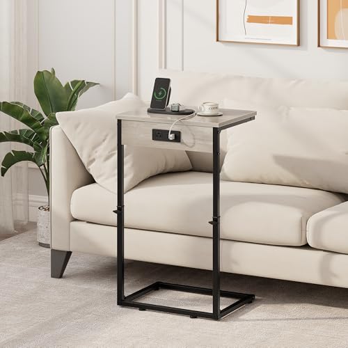 Vagusicc C Shaped End Table with Charging Station, Adjustable Height Side Table for Couch,Small Side Table Small Spaces,33.2'' Tall Couch Tables that Slide Under, Tv Tray Table for Living Room, Greige - color: Greige (1 Pack), style: With Plug