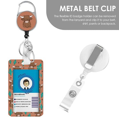 Lanyards for ID Badge, Cow Lanyard ID Card Holder with Retractable Reel Clip and Keychain, Wild Yak Vertical Identity Heavy Duty Badge Cover Case Protector for Teacher Nurse Women Men - color: Cow-brown