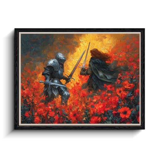 WOXZQ Epic Fantasy Knight Duel in Red Flower Field Elden Ring Inspired Battle Scene Wall Art Print for Gamer Room Decor Canvas Illustration 15x12 Inch - color: Blood and Bloom