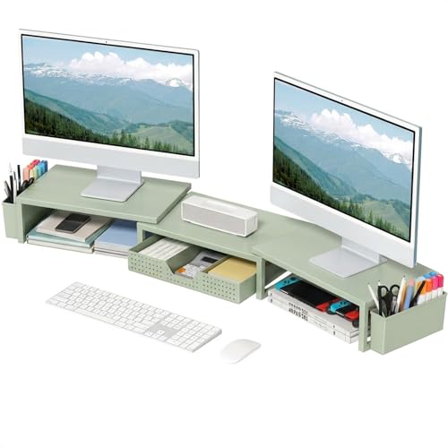 OPNICE Desk Organizers and Accessories, Dual Monitor Stand Riser with Drawer and 2 Pen Holders, Desk Shelf Metal Computer Monitor Stand for Office Workspace Organizers, Desktop Organization (Green Metal) - color: Green Metal