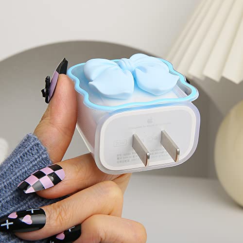 Compatible with iPhone 18W/20W USB-C Charger Cover Cute 3D Bow Tie Design Clear Soft Charger Protector Kawaii Cable Saver for iPhone 11 12 13 14 Pro Max Fast Power Adapter, Blue 2 (5in1) - color: Blue 2 (5 in 1)