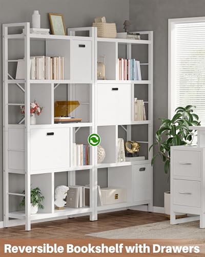 Armocity Bookshelf with Drawers - 5 Tier Tall Bookcase Geometric Modern Book Shelf Display Standing Bookshelves with Storage for Living Room, Bedroom Home Office, White - color: White