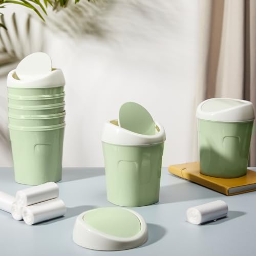 Zhehao 8 Pcs Plastic Mini Wastebasket Trash Can with Swing Lid 360 Trash Bags Desktop Small Garbage Bin Countertop Vanity Tabletop Waste Paper Basket for Home Office(Green) - color: Green