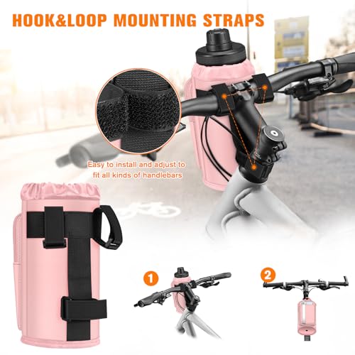 FINPAC Cup Holder for Bike, Universal Water Bottle Holder with Phone Pockets for Stroller Walker Golf Cart Rollator and Scooter, Outdoor, Biking - Pink - color: Pink