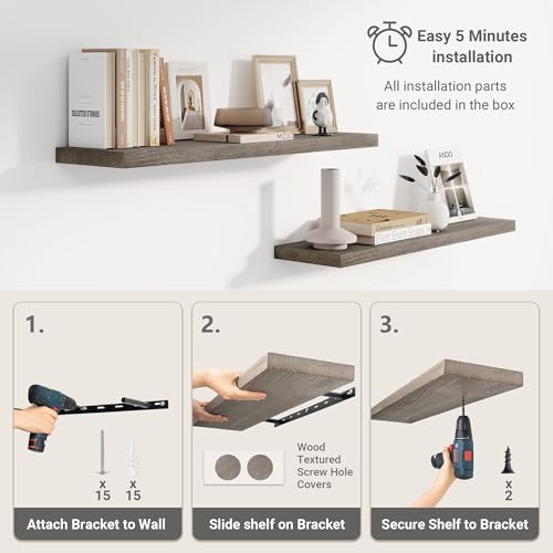 Vivelove Flat Edge Elm Wood Floating Shelf with Invisible Bracket 24”Grey - color: Grey, size: 24”,set of 2