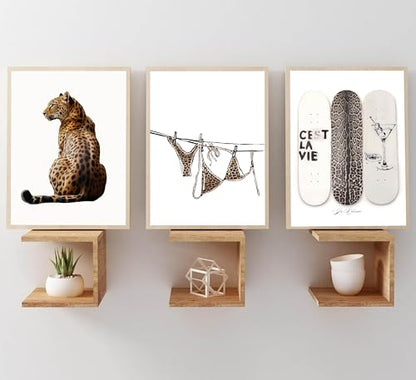 3Pcs Trendy Leopard Print Canvas Wall Art Stylish Female Aesthetic Poster Cheetah Printed Preppy Fashion Skateboard Picture Wall Decor for Bedroom Apartment Dorm Living Room Home Decoration Unframed