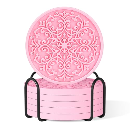 Drink Coasters, Coasters Set of 6 for Cup with Holder, Non-Slip Silicone Cup Mats for Hot and Cold Drinks, Cute Absorbent Coffee Bar Accessories Table Decor, Pink - color: Pink
