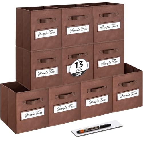 13x13x13 storage cube bins (Set of 10) Fabric storage cubes with 10 Labels Window Cards & a Pen, storage cubes 13x13, Collapsible 13 inch cube storage bins, Cubby Organizer Boxes, Brown - color: Brown, size: 13"