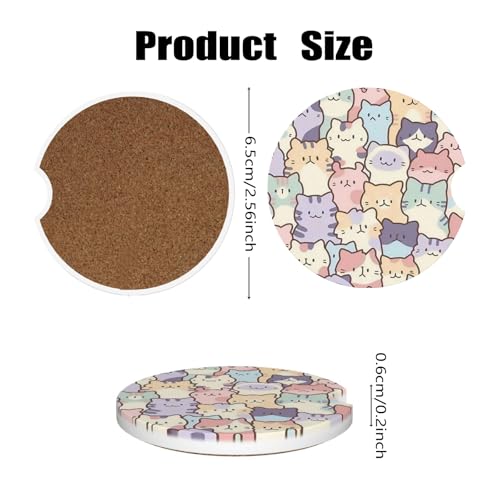 Car Cup Holder Coasters, 2 Pcs Ceramic Coasters with Cork Back and Finger Slot, Anti-Slip Shock Absorbing Women and Men Universal Car Accessories - Smiling Cat - color: Smiling Cat