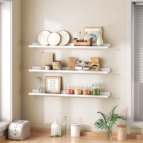 HOOBRO Floating Shelves, Wall Shelf Set of 3, 35.4 Inches Hanging Shelf with Raised Edge and Invisible Brackets, for Bathroom, Bedroom, Kitchen, Office, Living Room Decor, White WT90BJ01 - color: White, size: 35.4 Inches