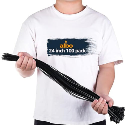 ALBO Zip Ties Black 24 Inch 100 Pack 200 lb, Long Plastic Cable Ties Thick 0,35 Inch Tie Wraps Heavy Duty UV Resistant Nylon Wire Ties for Indoor and Outdoor - size: 24" Black 100 Pack