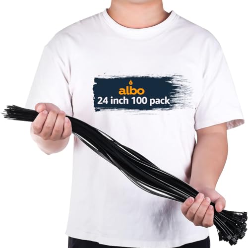 ALBO Zip Ties Black 24 Inch 100 Pack 200 lb, Long Plastic Cable Ties Thick 0,35 Inch Tie Wraps Heavy Duty UV Resistant Nylon Wire Ties for Indoor and Outdoor - size: 24" Black 100 Pack