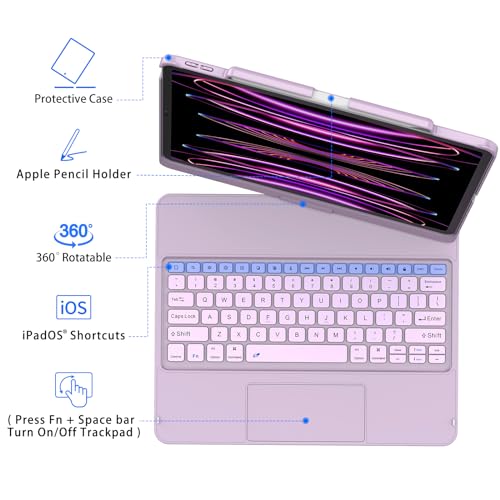 GGH Touch for iPad Keyboard Case Air 13 (M3 2025 / M2 2024) &12.9 iPad Pro (6th,5th,4th,3rd Gen),360° Rotatable Protective Cover Multi-Touch Trackpad Keyboard Case with Pencil Holder - Light Purple - color: Light Purple