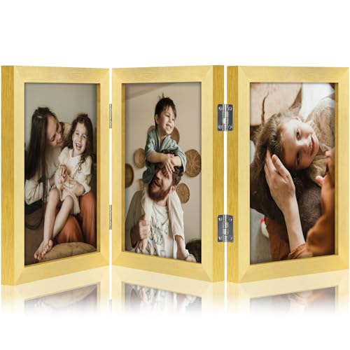 decorUhome Gold Triple 5x7 Picture Frame Vertical, MDGD08 | "Z" Shape Folding Design Engineered Wood Trifold Photo Frame with Plexiglass for Tabletop Display - color: Gold, size: 5x7