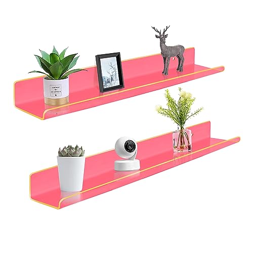 ROYALITA 24 Inches Acrylic Floating Book Shelves Wall Mounted Set of 2, Wall Hanging Plant Display Shelves, Room Decor Floating Wall Shelves for Gaming Room, Bedroom, Living Room, Office, Pink - color: Neon Pink, size: 24 Inch