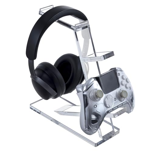 MyGift Premium 10mm Thick Clear Acrylic Gaming Headphone Headset Stand with 2 Controller Holder, Tabletop Universal Storage Rack for Game Accessories - color: Clear Acrylic