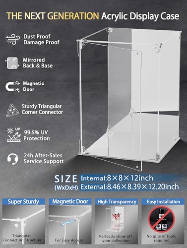 Clear Acrylic Display Case with Mirrored Back and Base, UV Protected Acrylic Box with Magnetic Door, Dustproof Display Box Showcase for Collectibles, Figures, Models, Toys (8x8x12inch) - size: 8x8x12 inch