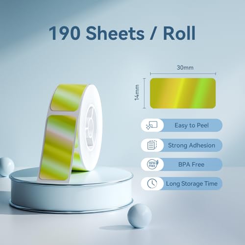 NIIMBOT Thermal Transfer Labels 0.55''x1.18'', Only for B18 Label Maker, PET Material, Waterproof and High-Temperature Resistance, Long Storage Time, Hologram Yellow(14x30mm-190) - color: 0.55''×1.18''-hologram
